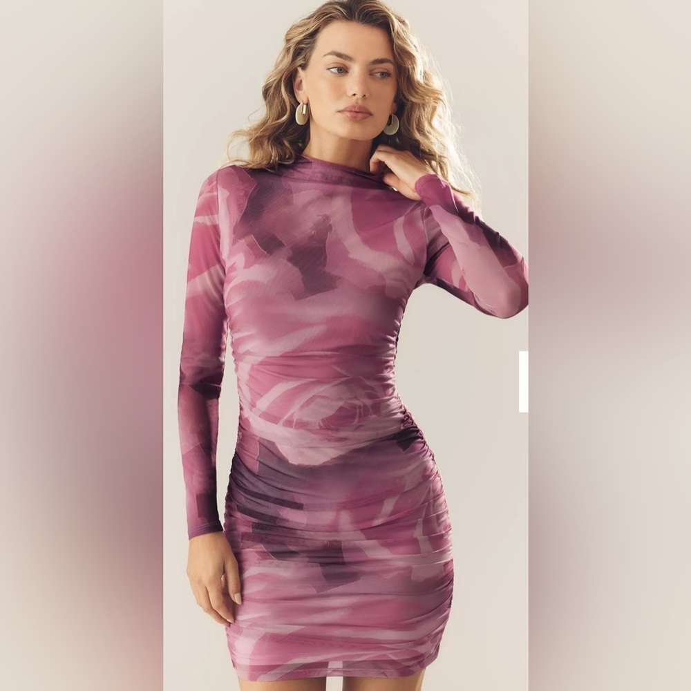 The Maya Pink Floral Mesh Long-Sleeve Ruched Cowl-Neck Mini Dress